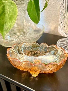 Vintage Jeanette Amber Glass Louisa Carnival Footed Glass Dish